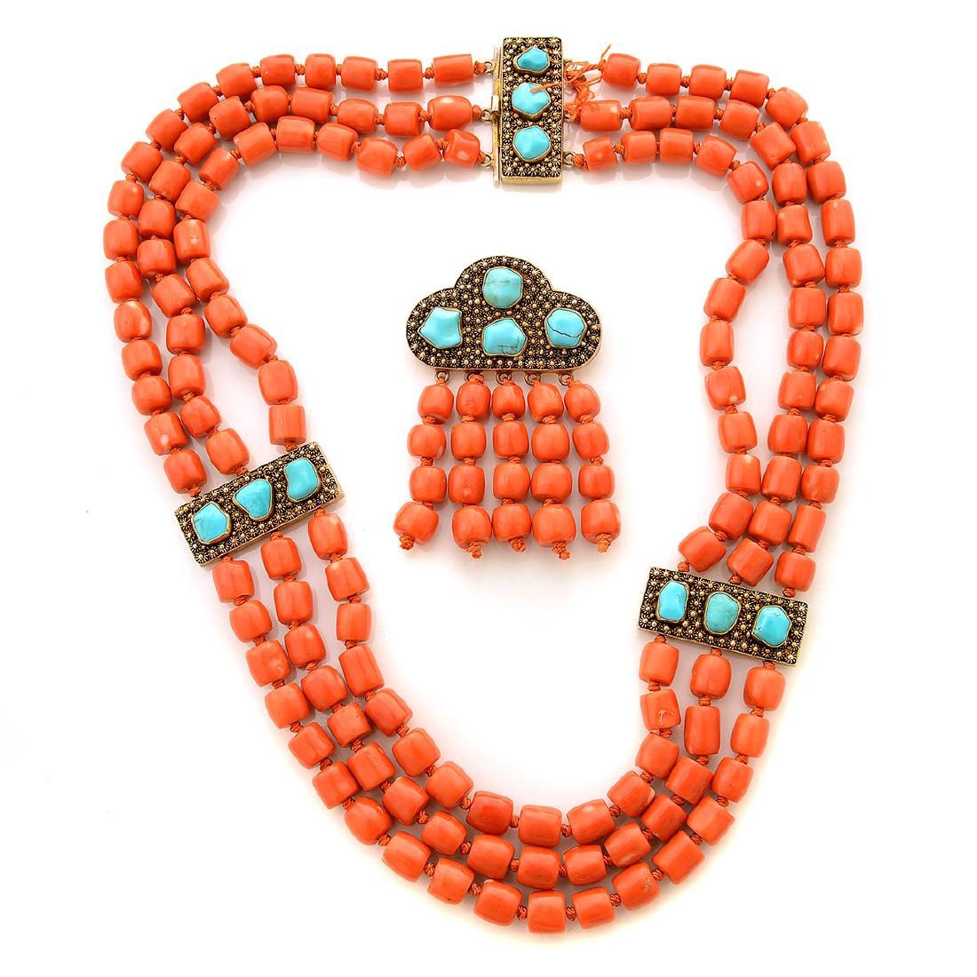 *Asian Coral, Imitation Turquoise, Silver-Gilt Jewelry (1 of 5)
