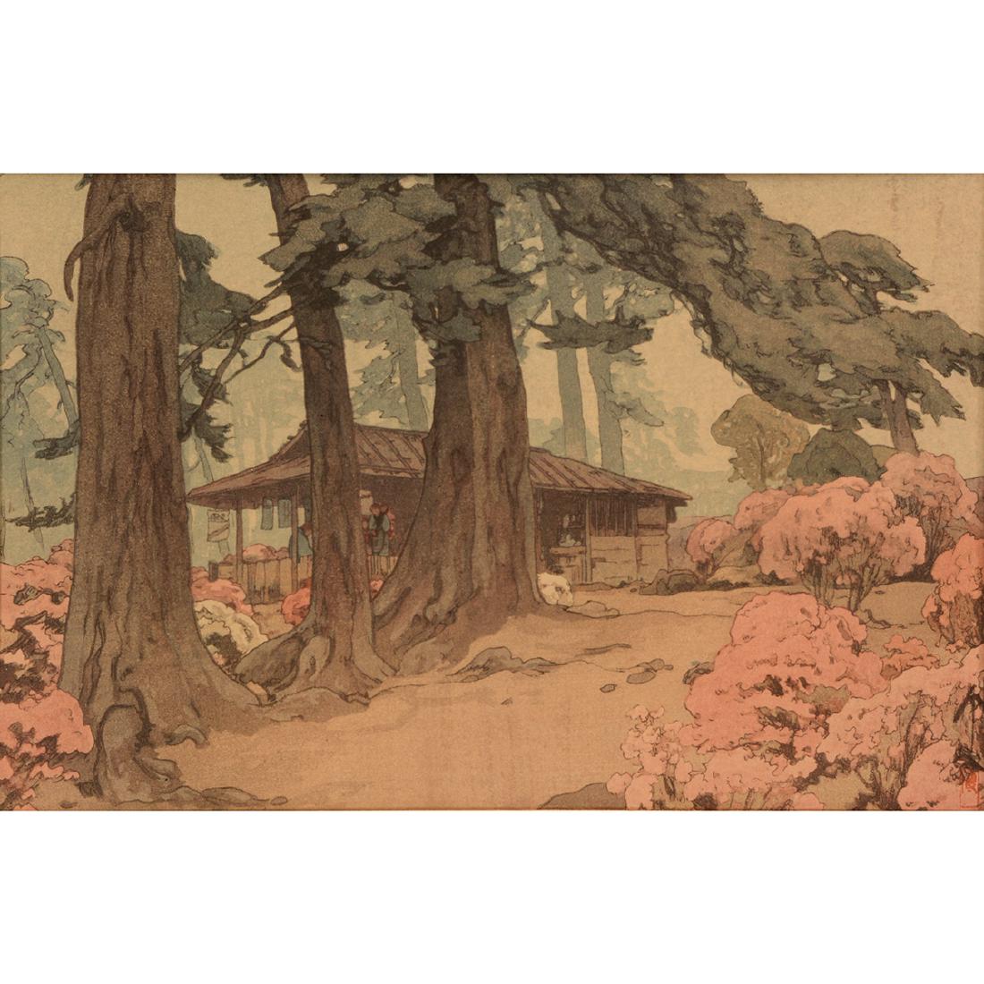 Hiroshi Yoshida (1876-1950): Woodblock Print: Hiroshi Yoshida (1876-1950): Woodblock Print Oban, entitled 'Teahouse in Azalea Garden', signed, with one seal to the lower right, framed and glazed. {9 5/8 x 14 3/4 inches (24.4 x 37.5 cm)} [Fading a