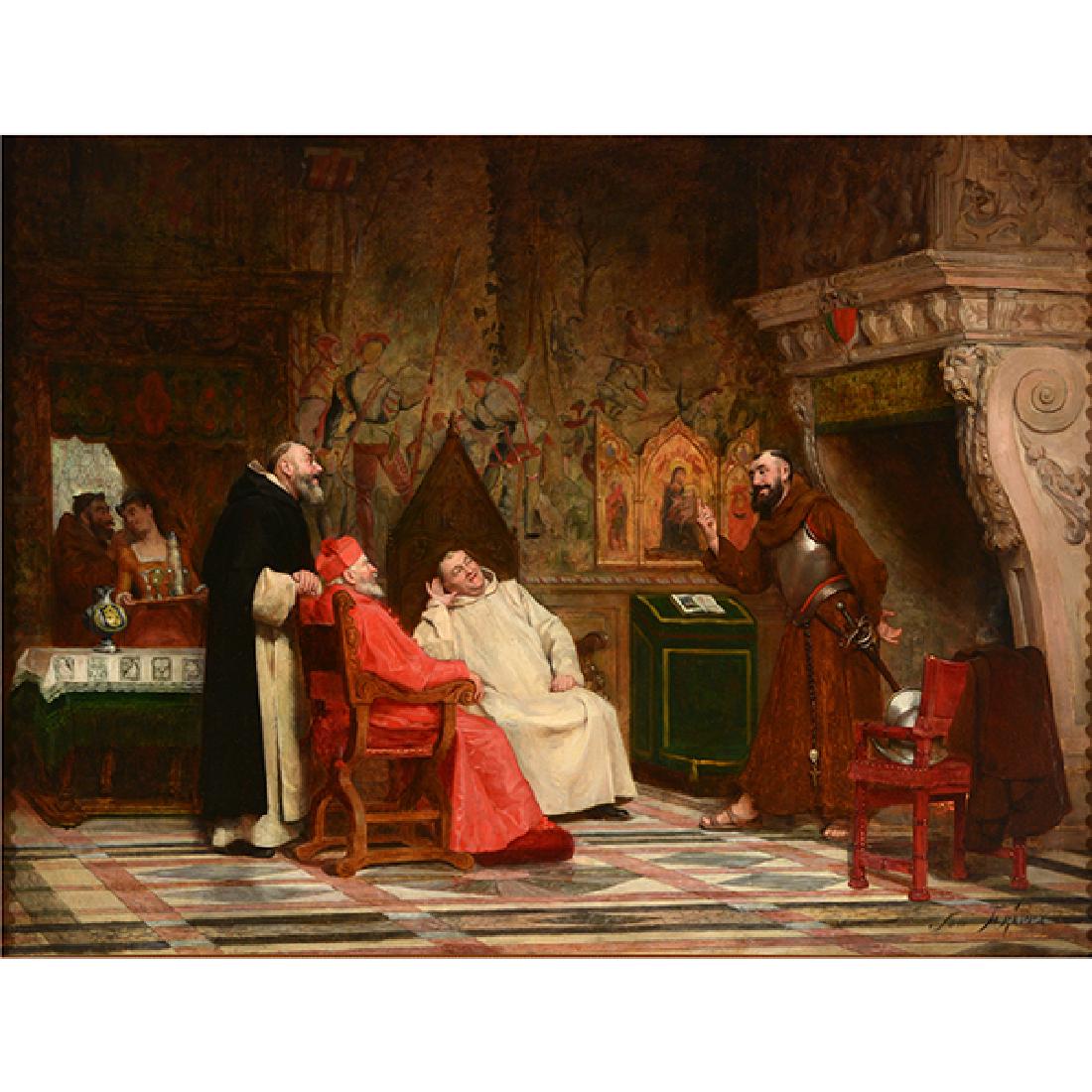 Jose Frappa "Cardinal and Monks in an Interior" oil on: JOSE FRAPPA (French 1854-1904) "Cardinal and Monks in an Interior" Oil on canvas. 20 3/4 x 31 3/8 inches; Frame: 28 x 35 3/4 inches. Signed l/r.