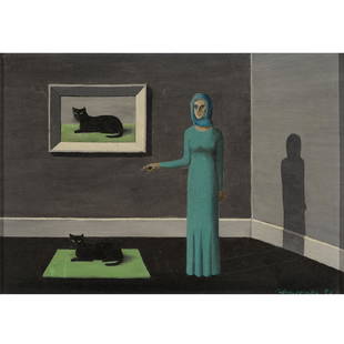 Gertrude Abercrombie "Two Cats and a Lady" oil on: GERTRUDE ABERCROMBIE (American 1909-1977) "Two Cats and a Lady" Oil on masonite. 10 x 14 inches; Frame: 14 3/8 x 18 3/8 inches. Signed and dated l/r