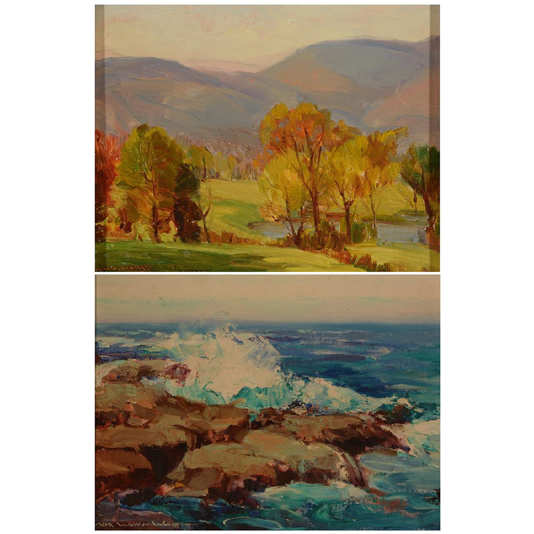 Nell Walker Warner "Carmel" and "Landscape" oil on: NELL GERTRUDE WALKER WARNER (Californian 1891-1970) "Carmel" and "Landscape with Mountains" Oil on board. 9 x 12 inches; Frame: 11 1/4 x 14 1/4 inches. 8 1/8 x 10 1/8 inches; Frame: 11 x 13 1/8 inches