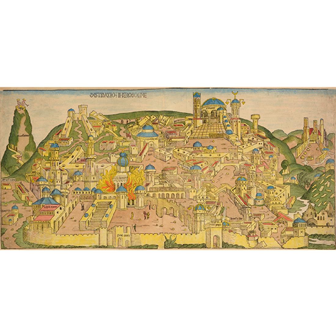 Hartmann Schedel "Destruccion Iherosolime" hand colored: HARTMANN SCHEDEL (German 1440-1514) "Destruccio Iherosolime" Hand colored map. Sheet: 11 1/2 x 22 1/2 inches. [CONDITION: In overall good condition. When examined out of the frame, the sheet is not la