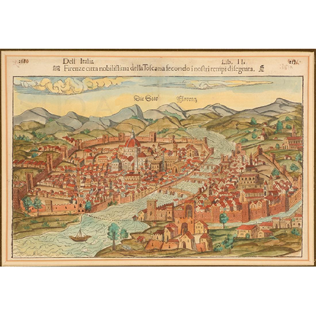 Sebastian M¸nster "Die Stat Florentz" hand colored: SEBASTIAN M‹NSTER (German 1488-1552) "Die Stat Florentz" (possibly from Munster's Casmographia) Hand colored woodblock map Sight: 9 3/4 x 14 5/8 inches; Frame19 3/4 x 24 1/2 inches. Latin text verso