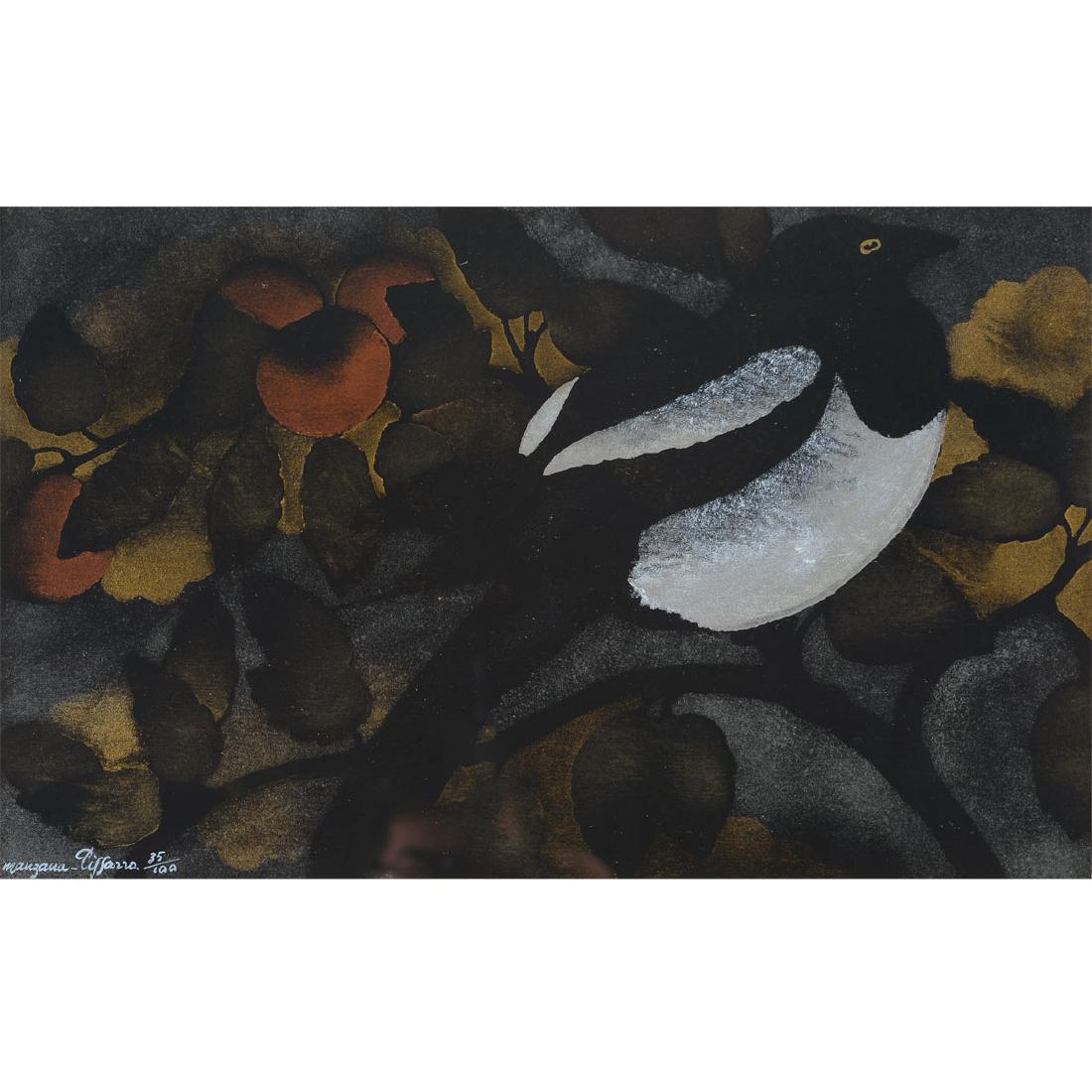 Georges Manzana-Pissarro "Bird in a Tree" pochoir and: GEORGES MANZANA-PISSARRO (French 1871-1961) "Bird in a Tree" Pochoir and ink on paper. Sight: 11 1/4 x 17 7/8 inches; Frame: 15 7/8 x 22 1/8 inches. Signed and numbered l/l: 35/100. *Was not examined