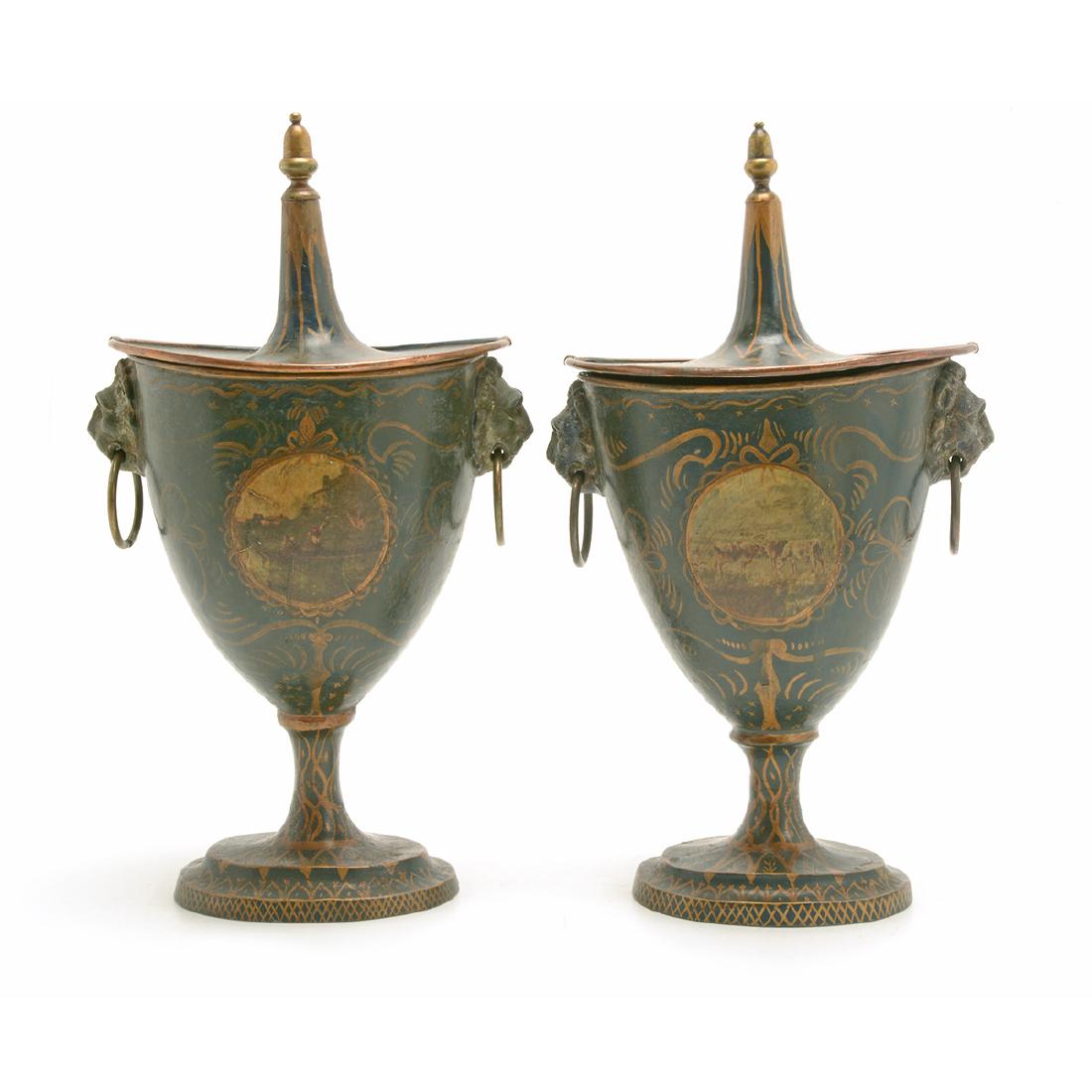 Pair of English Tole Covered Chestnut Urns (1 of 7)