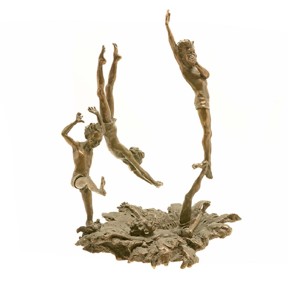 Mark Hopkins "Last One In Bronze" Figural Group: Mark Hopkins "Last One In Bronze" Figural Group, Depicting four boys diving into a swimming hole; Signed on back "Mark Hopkins, 1989, 612/2500" {Dimensions 12 5/8 x 9 x 7 1/4 inches}