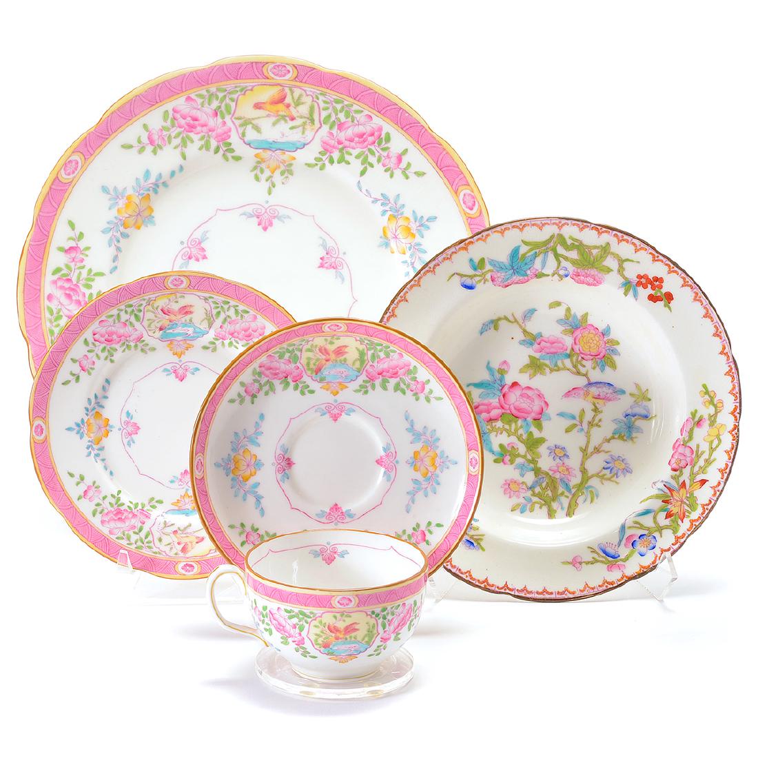 Minton Bone China Service Retailed by Spaulding Co.: Minton Bone China Service Retailed by Spaulding Co., Comprising twelve dinner plates {diameter 10 1/4 inches}, twelve bread and butter plates {diameter 6 1/4 inches}, twelve teacups, and twelve saucer