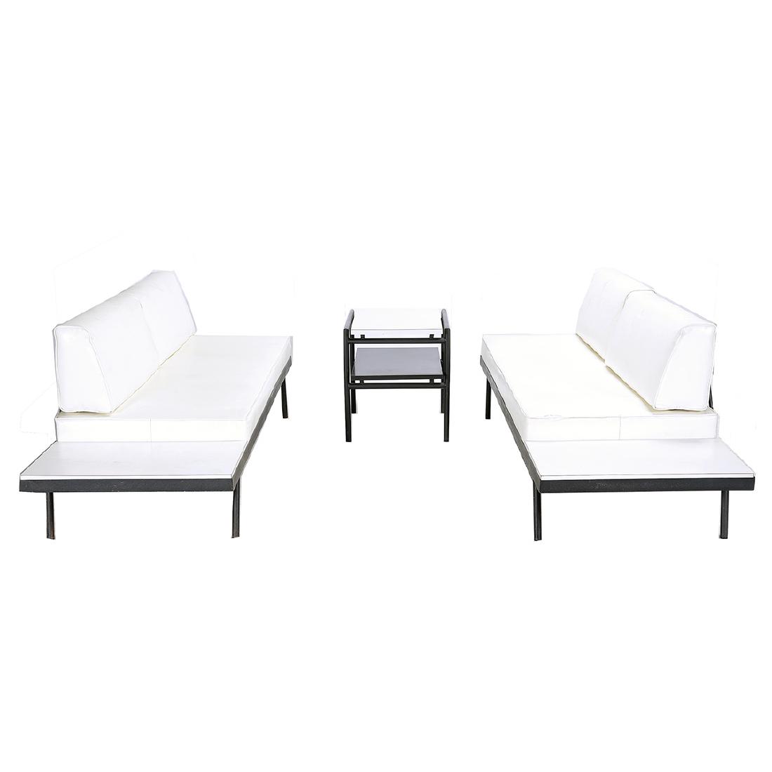 Pair of "Vista" Modern Daybeds and Accent Table: Pair of "Vista" Modern Daybeds and Accent Table, Comprising a pair of modern style daybeds with black frame and white vinyl upholstery {dimensions 26 x 89 1/2 x 28 inches} with a matching two tiered a