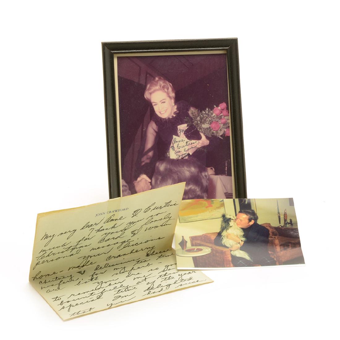 Joan Crawford Photograph and Letter: Joan Crawford Photo and Letter, Dedicated "For Anne and Curtis, all love, Joan"; With a letter from Duane Stephens, a prominent collector of Joan Crawford artifacts; bears signature {Dimensions of fra