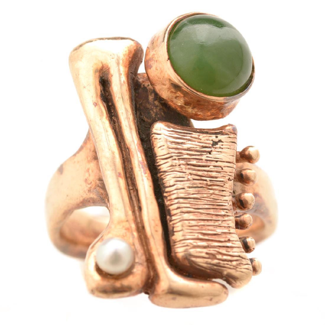 Modernist Nephrite, Cultured Pearl, 14k Rose Gold Ring. (1 of 4)