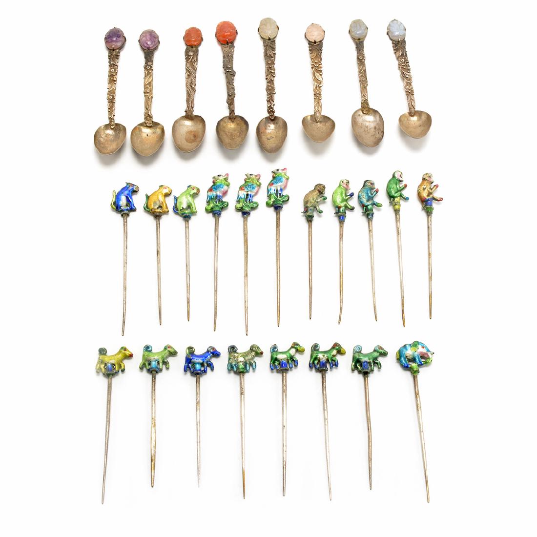 Group of Chinese Export Enameled Silver Utensils, Early (1 of 6)