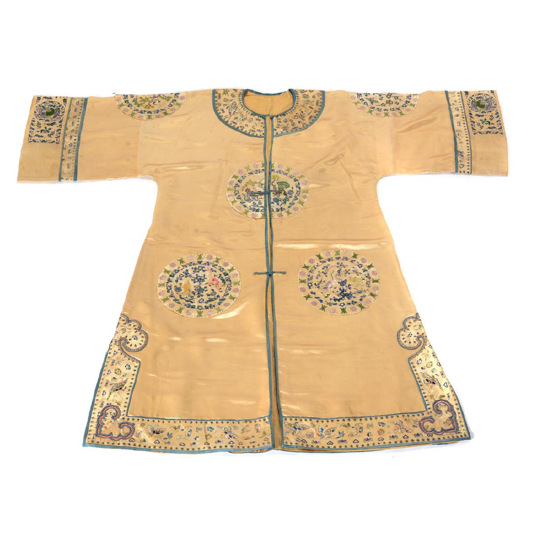 Embroidered Silk Lady's Robe: Embroidered Silk Lady's Robe {Length: 44 1/2 inches (113 cm)} [Staining, fraying, minor losses]