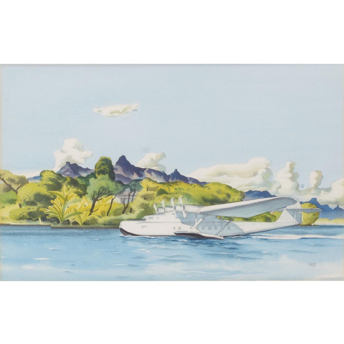 Millard Sheets "Honolulu Base-Arrival in Sand Clipper": MILLARD SHEETS (Californian 1907-1989) "Honolulu Base-Arrival in Sand Clipper" Watercolor. Sight: 13 7/8 x 21 7/8 inches; Frame: 25 x 32 1/4 inches. Signed and dated (1936) l/r and annotated on origin