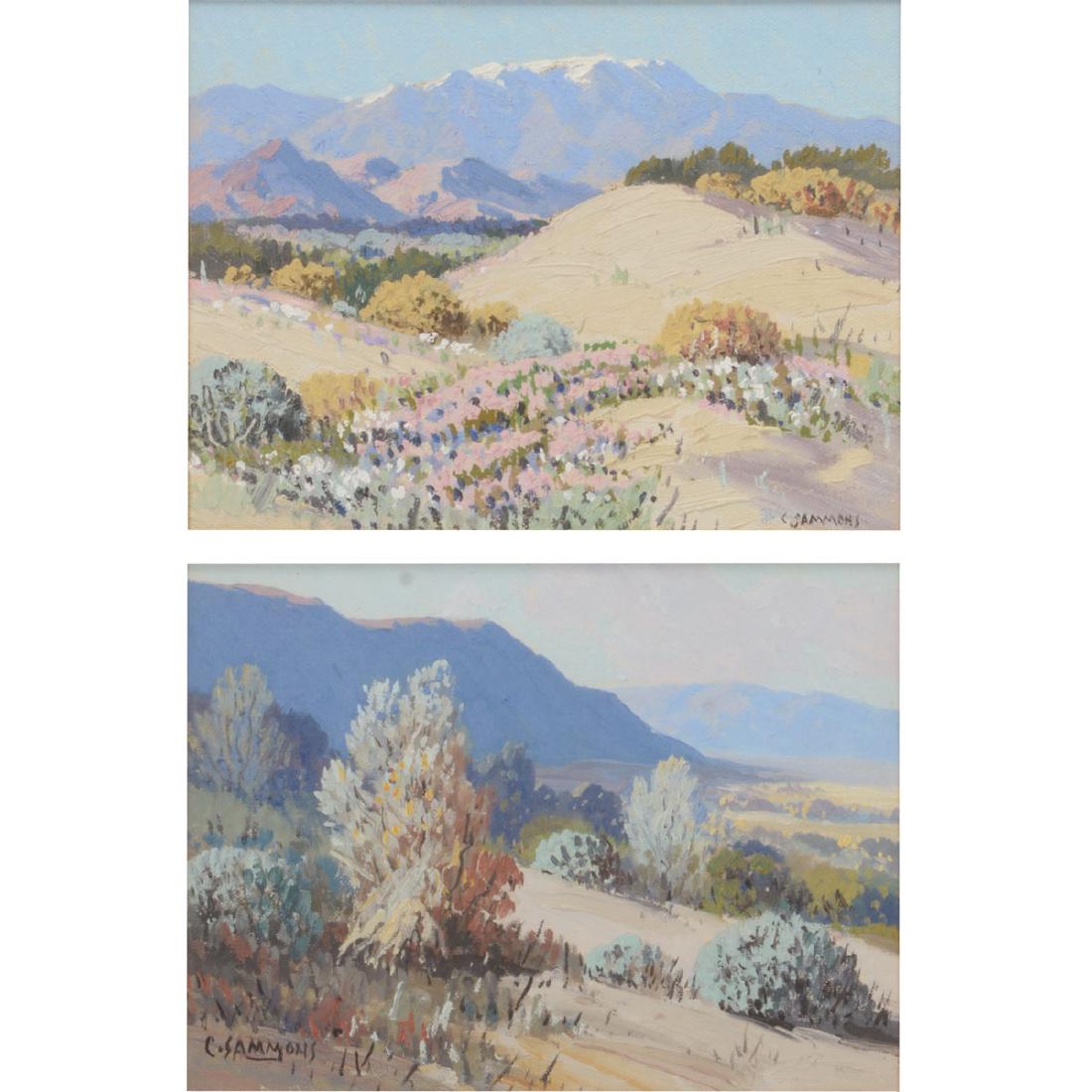 Carl Sammons "Sand Dunes, Indio CA" and "Smoke Trees: CARL SAMMONS (American 1883-1968) "Sand Dunes, Indio CA" and "Smoke Trees, Palm Springs CA" Oil on board. Both measure: sight: 5 5/8 x 7 5/8 inches; frame: 11 3/8 x 13 1/4 inches. Signed l/r and title