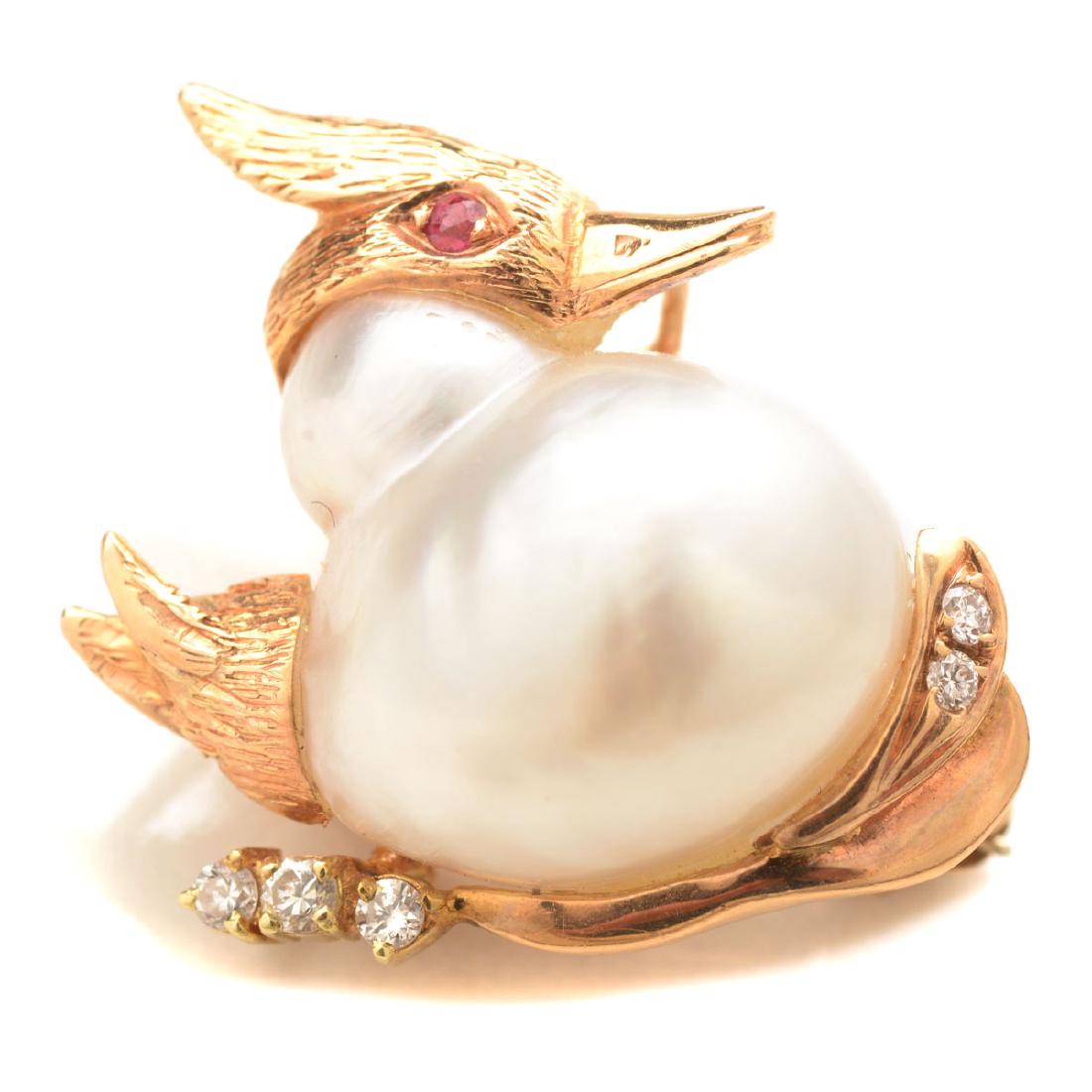 Cultured Pearl, Diamond, Ruby, 14k Yellow Gold Bird (1 of 4)