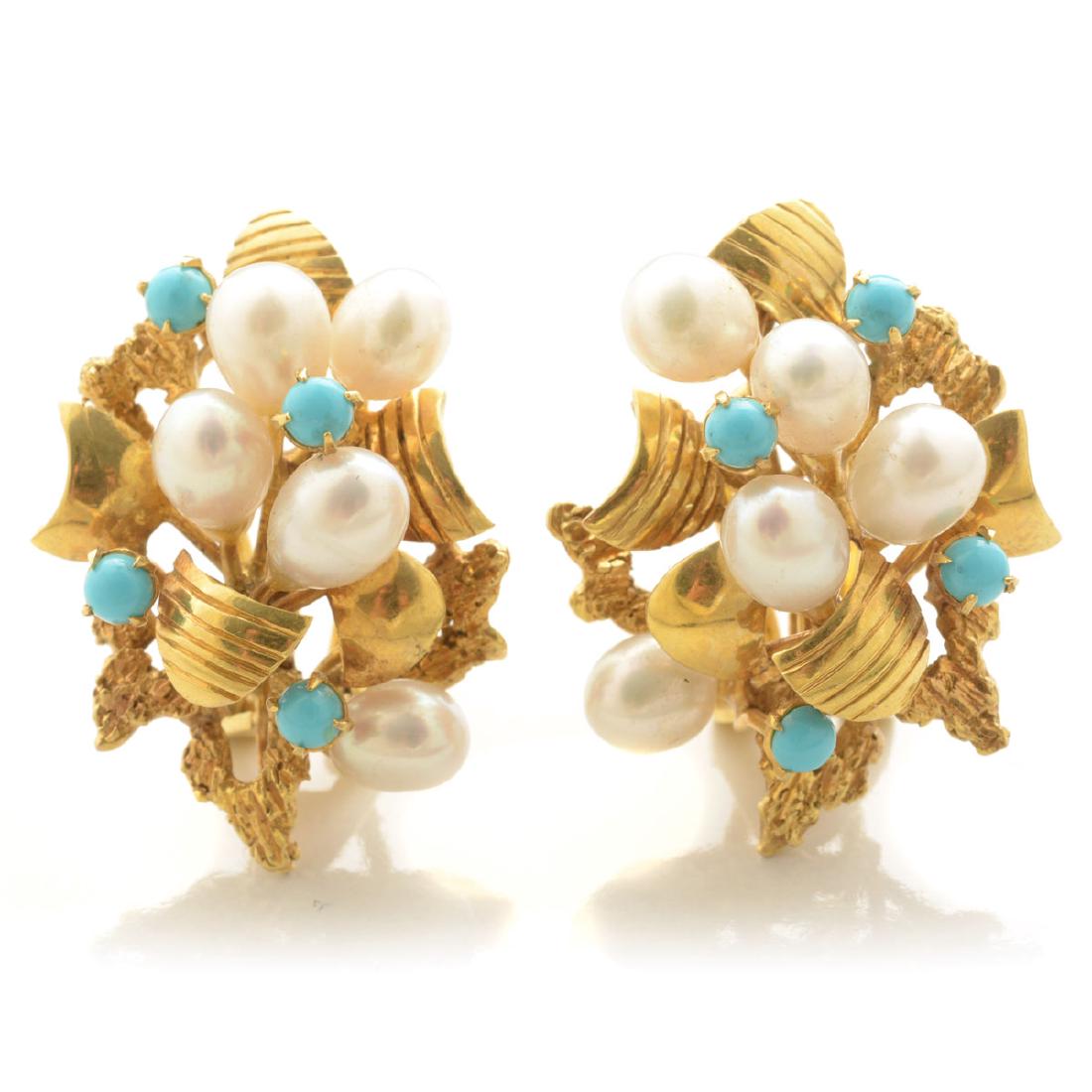 Pair of Cultured Pearl, Turquoise, 18k Yellow Gold (1 of 4)