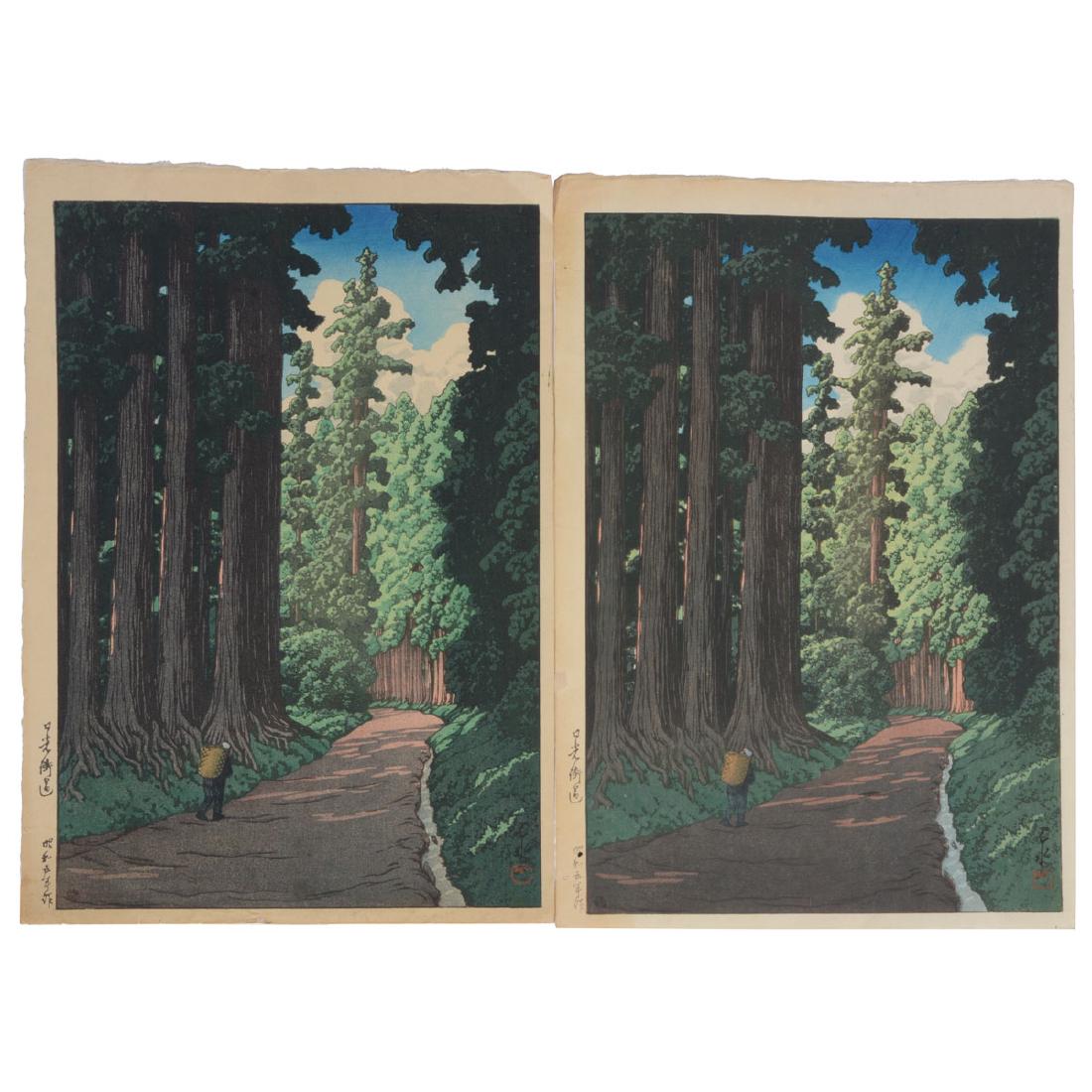 Kawase Hasui (1883-1957): Two Woodblocks: Kawase Hasui (1883-1957): Two Woodblocks Oban, entitled 'The Nikko Highway', signed with one seal of the artist, dated. {14 1/4 x 9 1/4 inches (36.2 x 23.5 cm) each} [Slight creasing]
