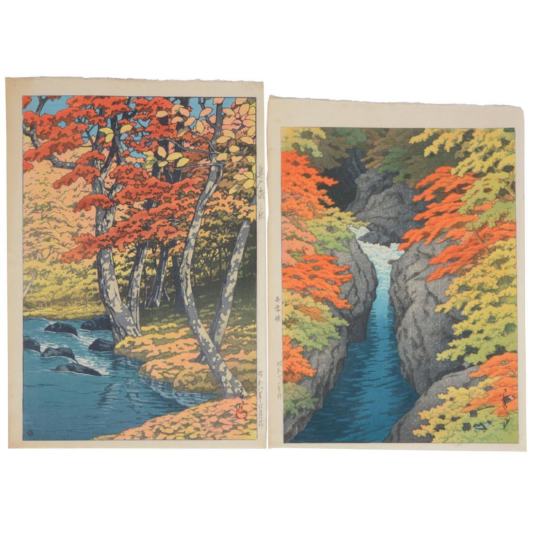Kawase Hasui (1883-1957): Two Woodblocks: Kawase Hasui (1883-1957): Two Woodblocks Oban, entitled 'Autumn at Oirase' & 'Agatsuma Gorge', signed with one seal of the artist, dated. {Larger: 14 1/4 x 9 1/4 inches (36.2 x 23.5 cm)}