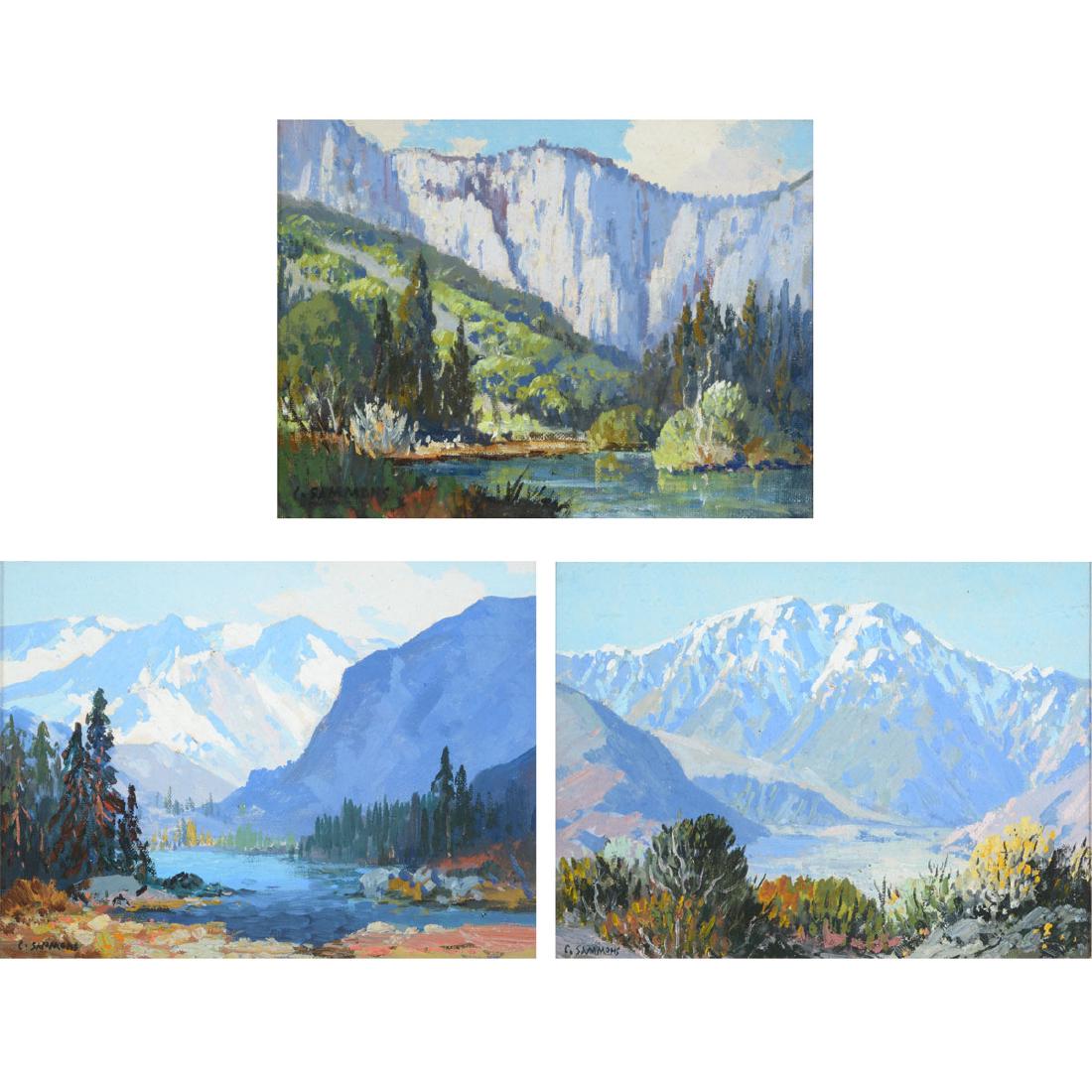 Carl Sammons 3 Yosemite / Mountain scenes oil on board: CARL SAMMONS (American 1883-1968) "Yosemite Valley", "Mr. San Jancinto" and "High Sierra" Oil on board. Sight: 5 3/4 x 7 5/8 inches; Frame: 11 3/8 x 13 1/2 inches. Sight: 5 3/4 x 7 5/8 inches; Frame: