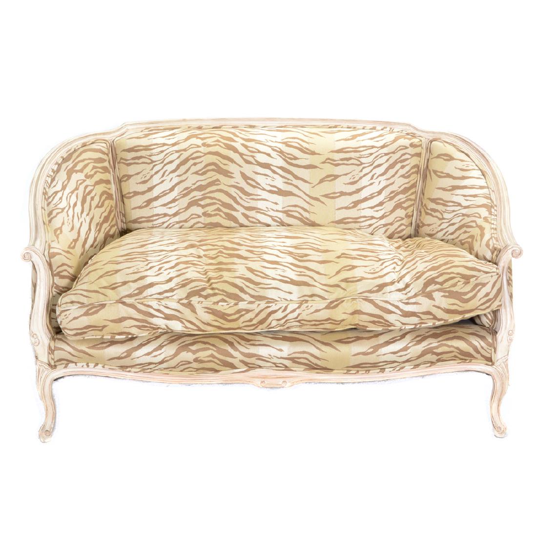 Pair of Custom Louis XV Style Settees: Pair of Custom Louis XV Style Settees in sepia and tan tiger stripe upholstery {Dimensions 32 1/4 x 56 x 27 inches}