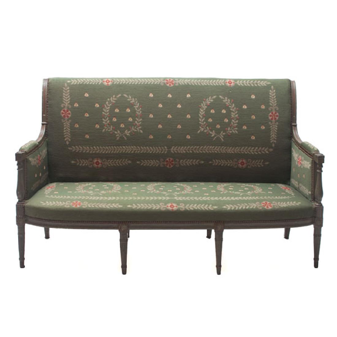 Louis XVI Vert Anglais Painted and Needlepoint: Louis XVI Vert Anglais Painted and Needlepoint Upholstered Canape, The scrolled upholstered back over padded arms with fluted baluster supports centering a bowed upholstered seat raised on tapering fl