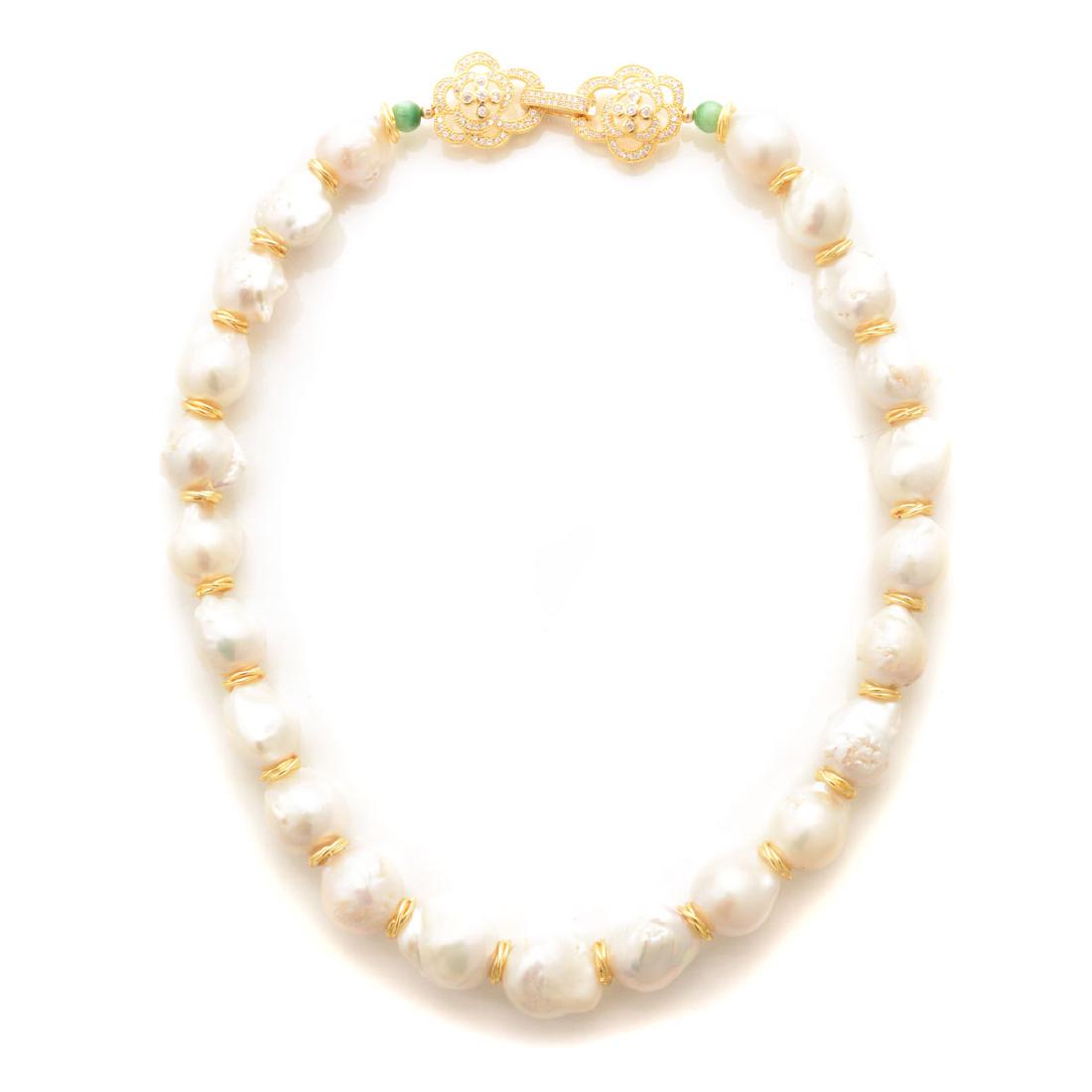 Baroque Cultured Pearl, Jade, White Zircon, Vermeil: Baroque Cultured Pearl, Jade, White Zircon, Vermeil Necklace. Composed of twenty-three baroque cultured pearls, interspersed by vermeil discs, terminated at each end by jade beads, completed by a whit
