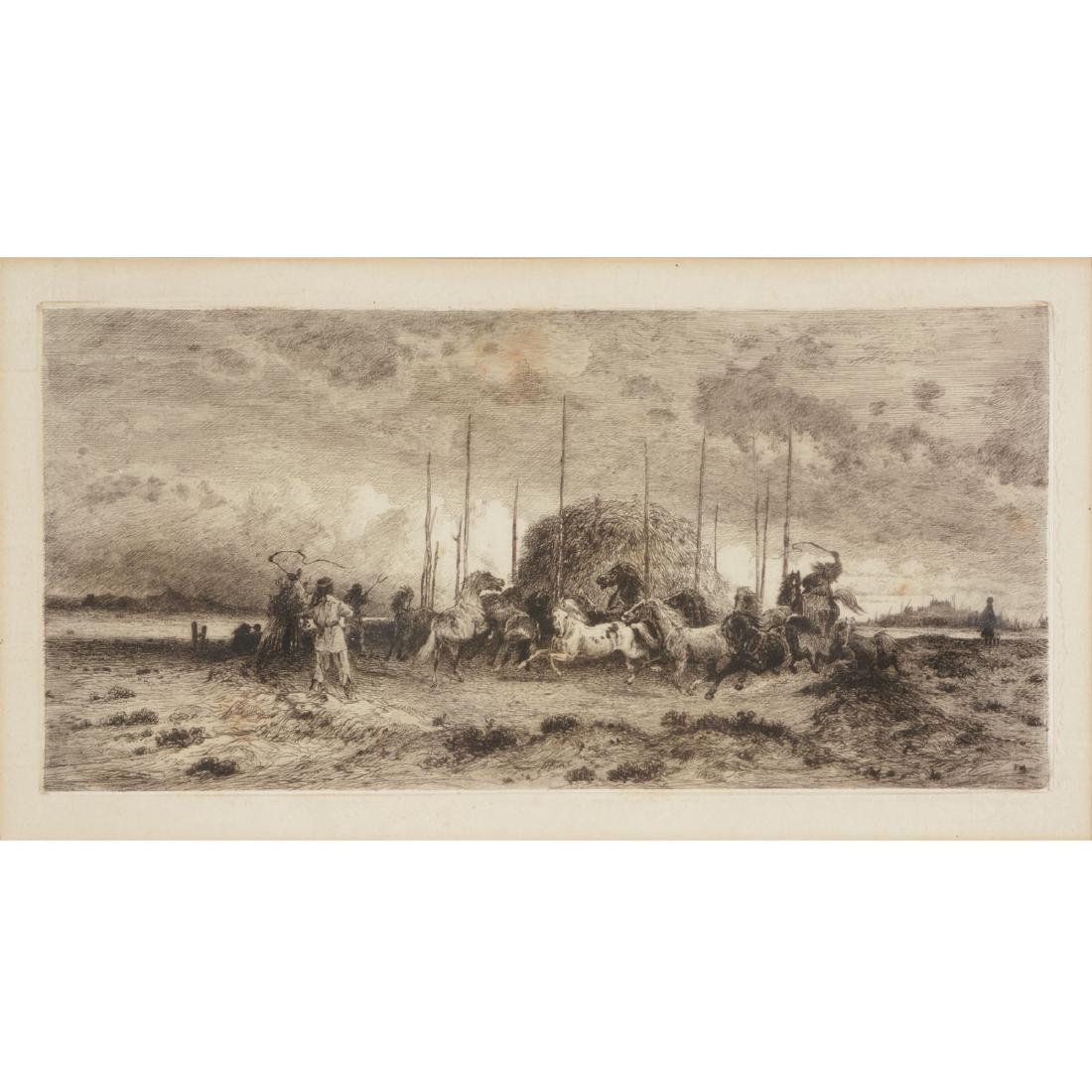 Peter Moran "Indians on Horses" etching: PETER MORAN (American 1841-1914) "Indians on Horses" Etching. Sheet: 12 x 17 inches; Frame: 15 x 18 3/4 inches. Initialed in the plate lower right: PM with annotations on the sheet verso. [CONDITION: