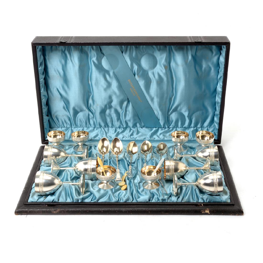 Gorham "Corinthian" Sterling Gilt Cased Table Set: Gorham "Corinthian" Sterling Gilt Cased Table Set Retailed by Bigelow Kennard & Co., comprising six wine glasses {height 3 1/2 inches}, six salt cellars {diameter 1 5/8 inches}, and six teaspoons {len