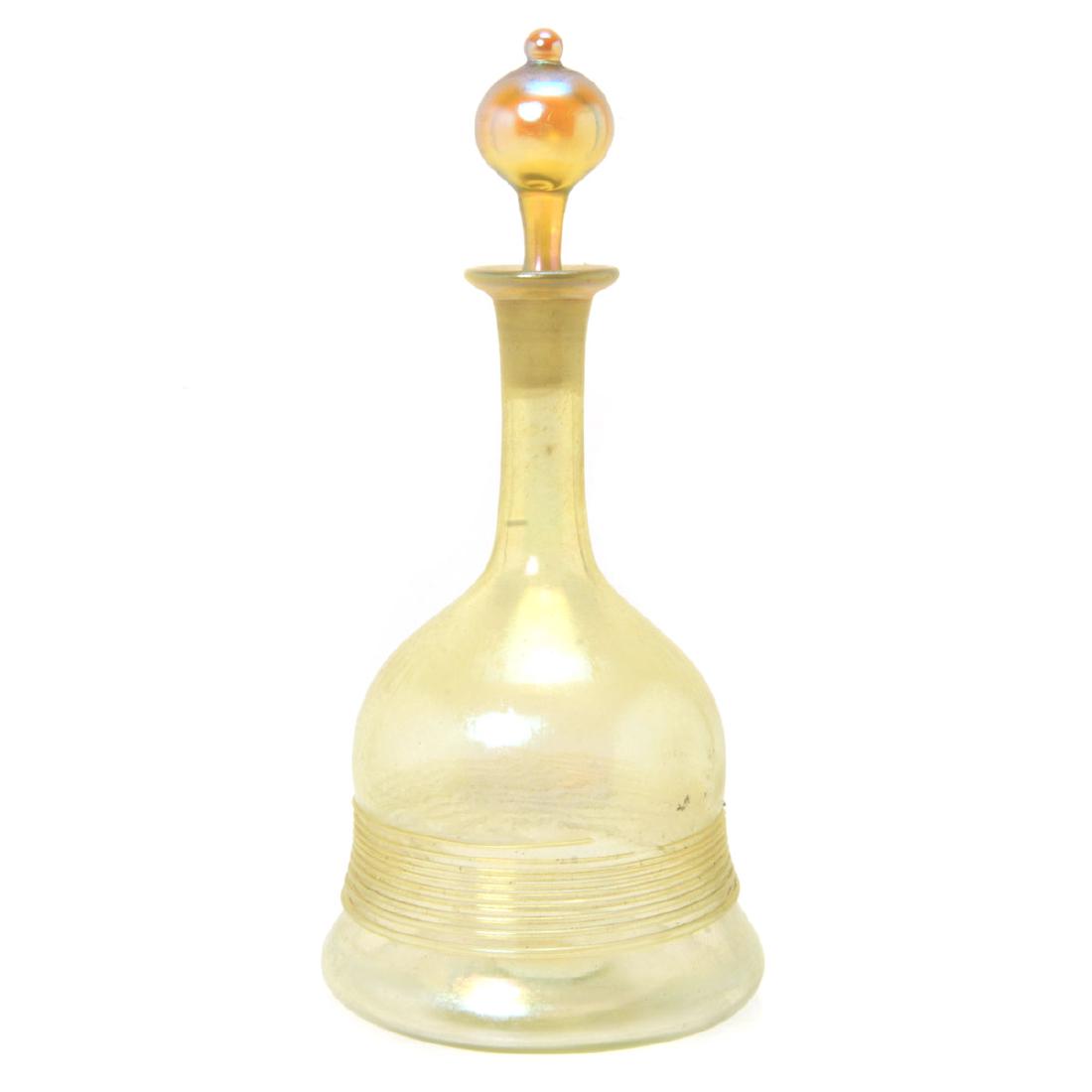 Tiffany Studios Ribbed Favrile Glass Decanter: Tiffany Studios Ribbed Favrile Glass Decanter Marked on base "L.C.T. R3330" {Height 8 inches, diameter 3 3/4 inches} [chipping to ribbed body]
