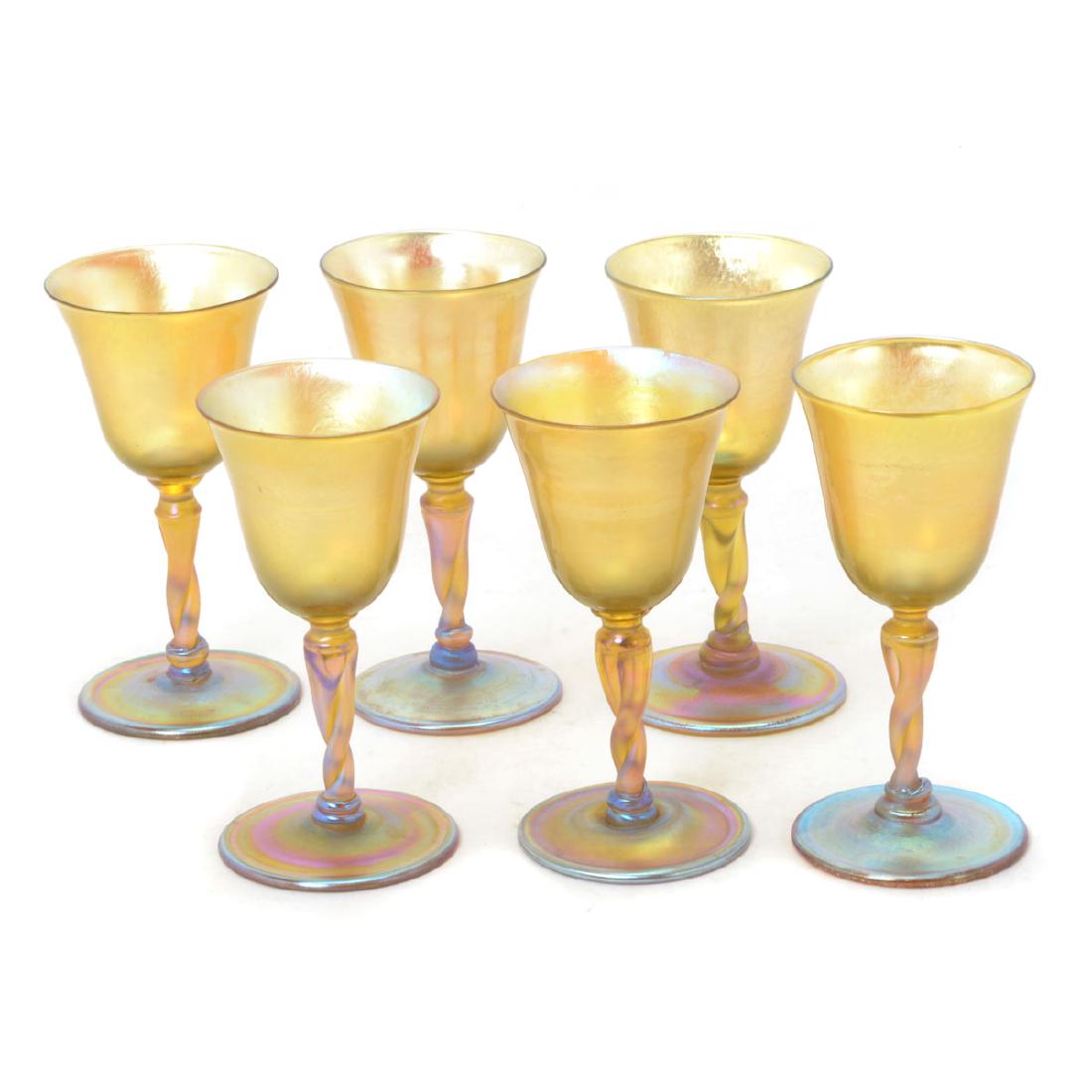 Set of Six Tiffany Studios Favrile Wine Glasses: Set of Six Tiffany Studios Favrile Wine Glasses All marked on bases "L.C.T." {Height 5 7/8 inches, diameter 3 inches}