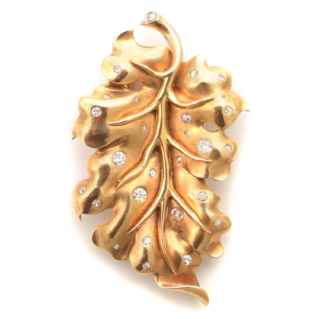 Diamond, 14k Yellow Gold Leaf Brooch. (1 of 4)