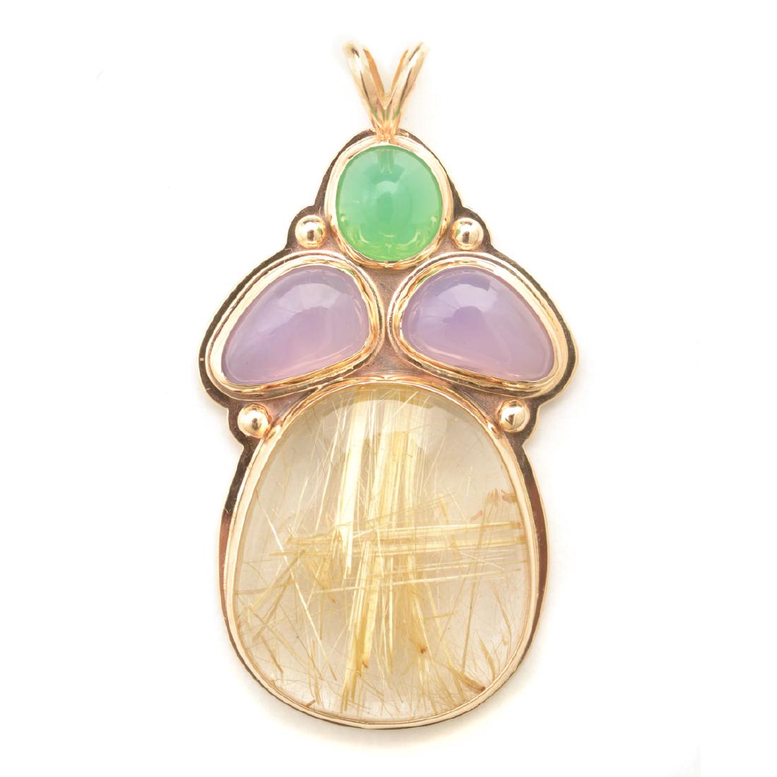 Rutilated Quartz, Chalcedony, 14k Yellow Gold Pendant. (1 of 4)