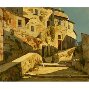 Lucio Sollazzi "Italian Afternoon" oil on canvas: LUCIO SOLLAZZI (Italian b. 1925) "Italian Afternoon" Oil on canvas. 30 x 36 inches; Frame: 37 3/4 x 43 1/2 inches. Signed lower right: L. Sollazzi.