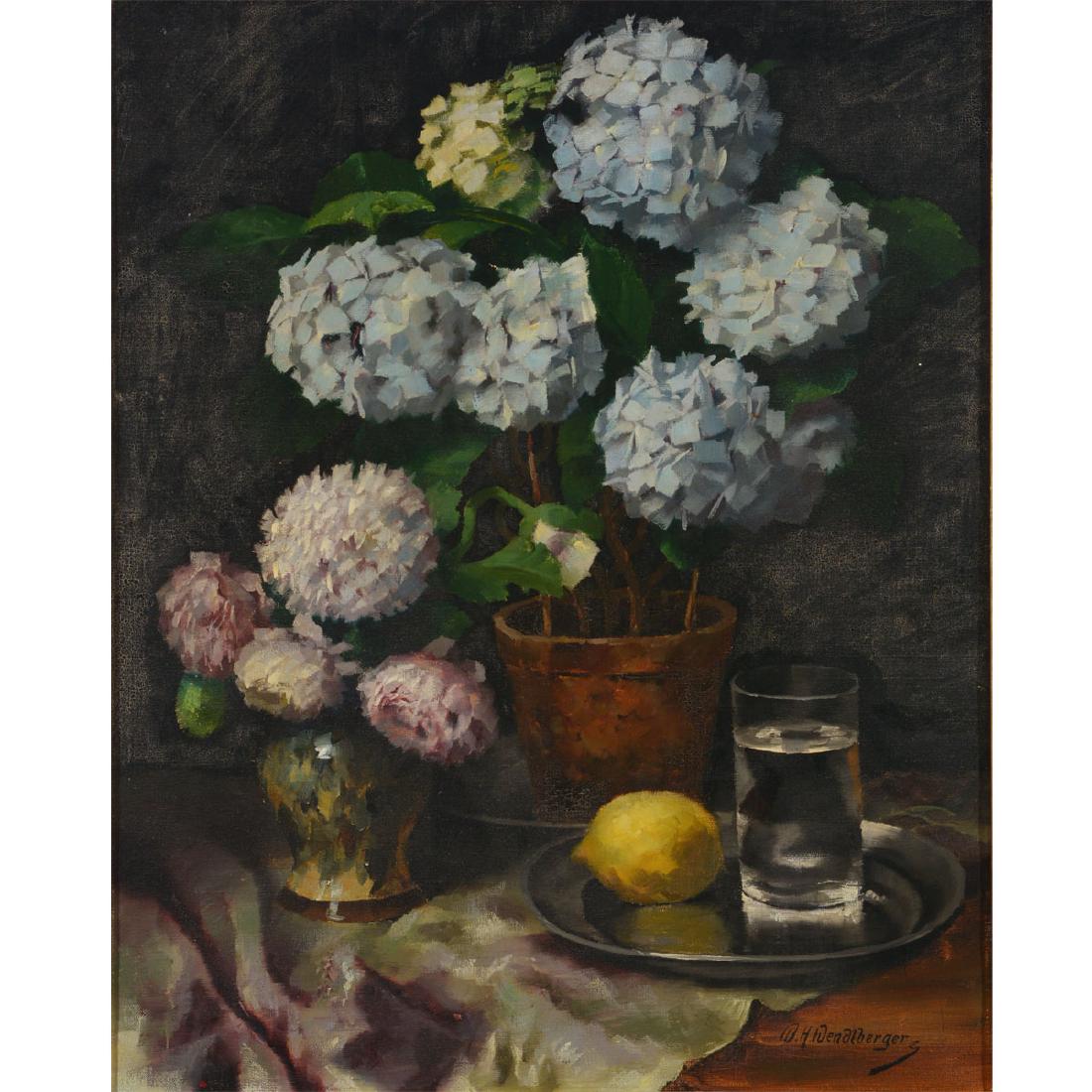 Wenzel Wendelberger "Floral Still Life" oil on canvas: WENZEL HERMANN WENDELBERGER (German 1882-1945) "Floral Still Life" Oil on canvas. 25 3/4 x 20 5/8 inches; Frame: 30 7/8 x 25 3/4 inches. Signed lower right: W.H. Wendelberger.