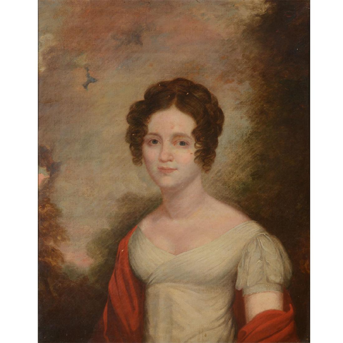 Attrib. to Gilbert Stuart, Portrait of Ms d'Elincourt: Attributed to GILBERT CHARLES STUART (American 1755-1828) "Portrait of Marie Louise de Piver dÃ­Elincourt" Oil on canvas. 32 1/4 x 26 inches; Frame: 39 1/4 x 32 1/4 inches. Two cards with annotation