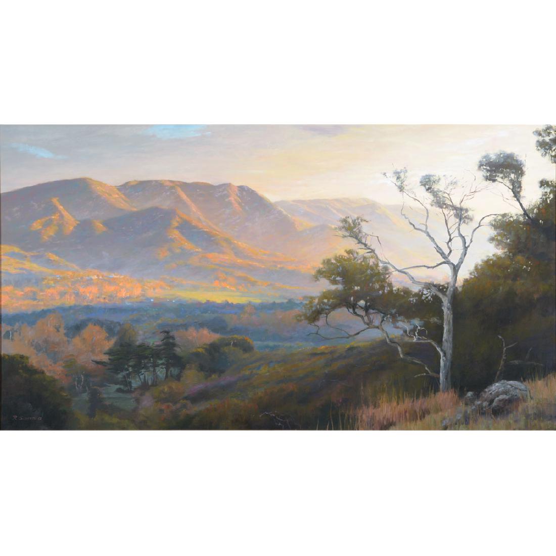 Richard Schloss "Sunset Hills" oil on canvas: RICHARD SCHLOSS (American b. 1953) "Sunset Hills" Oil on canvas. 24 x 43 7/8 inches; Frame: 30 x 49 7/8 inches. Signed and dated lower left: R. Schloss (20)12; signed and dated verso: Richard Schloss 