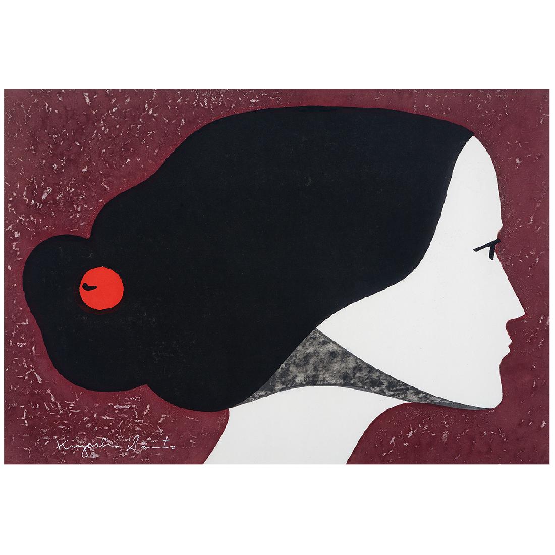 Kiyoshi Saito "Coral 1958" color woodblock: KIYOSHI SAITO (Japanese 1907-1992) "Coral, 1958" Color woodblock Sight: 12 1/2 x 17 1/4 inches Framed: 21 1/2 x 26 inches. Signed lower left in white ink.