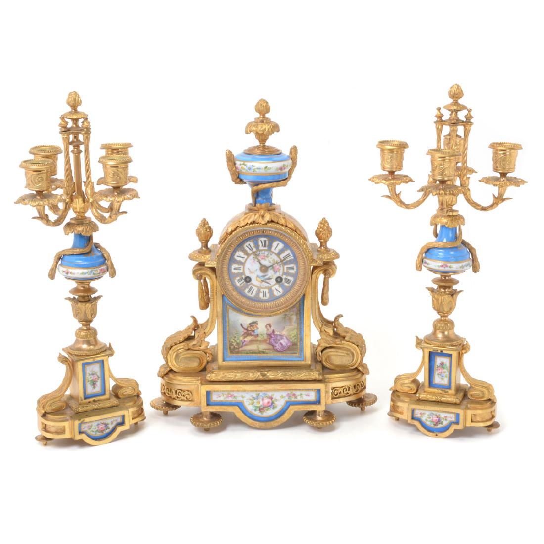 Sevres Style Gilt Bronze Porcelain Clock Garniture (1 of 10)