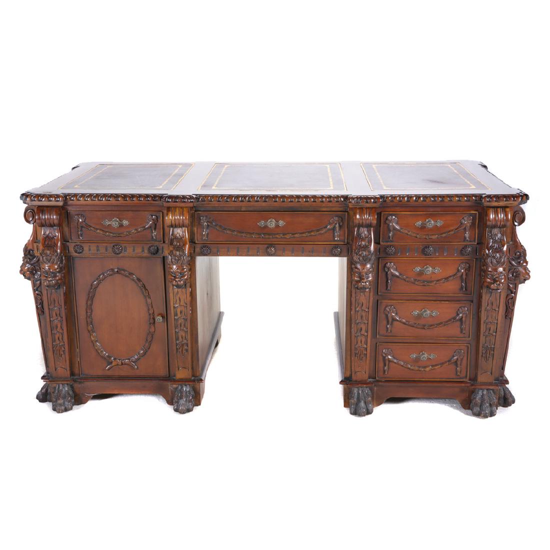 George II Style Mahogany Pedestal Desk: George II Style Mahogany Pedestal Desk in the Manner of Thomas Chippendale {Dimensions approximately 35 x 72 1/2 x 35 1/2 inches}