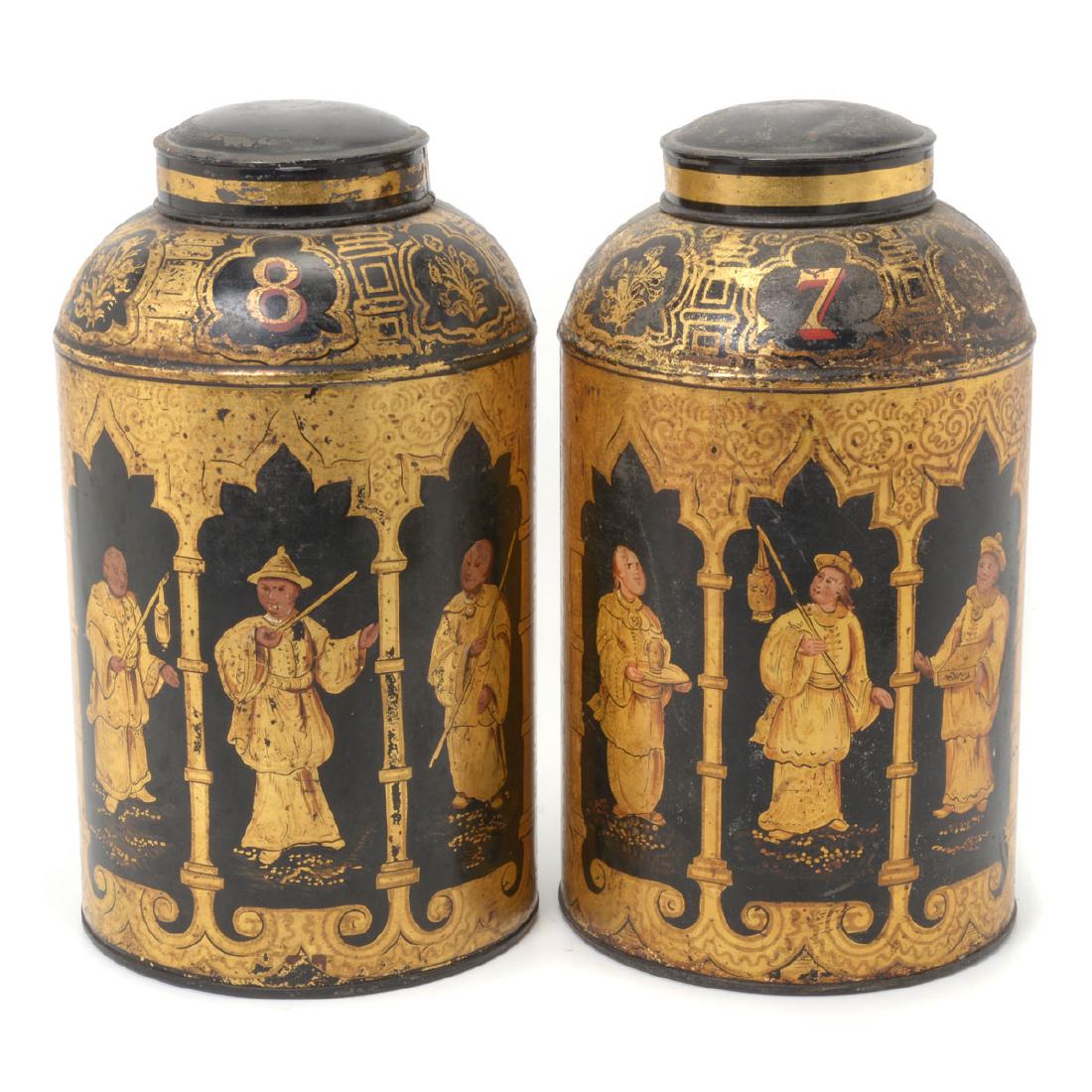 Pair of English Tole Tea Canisters Decorated with (1 of 8)