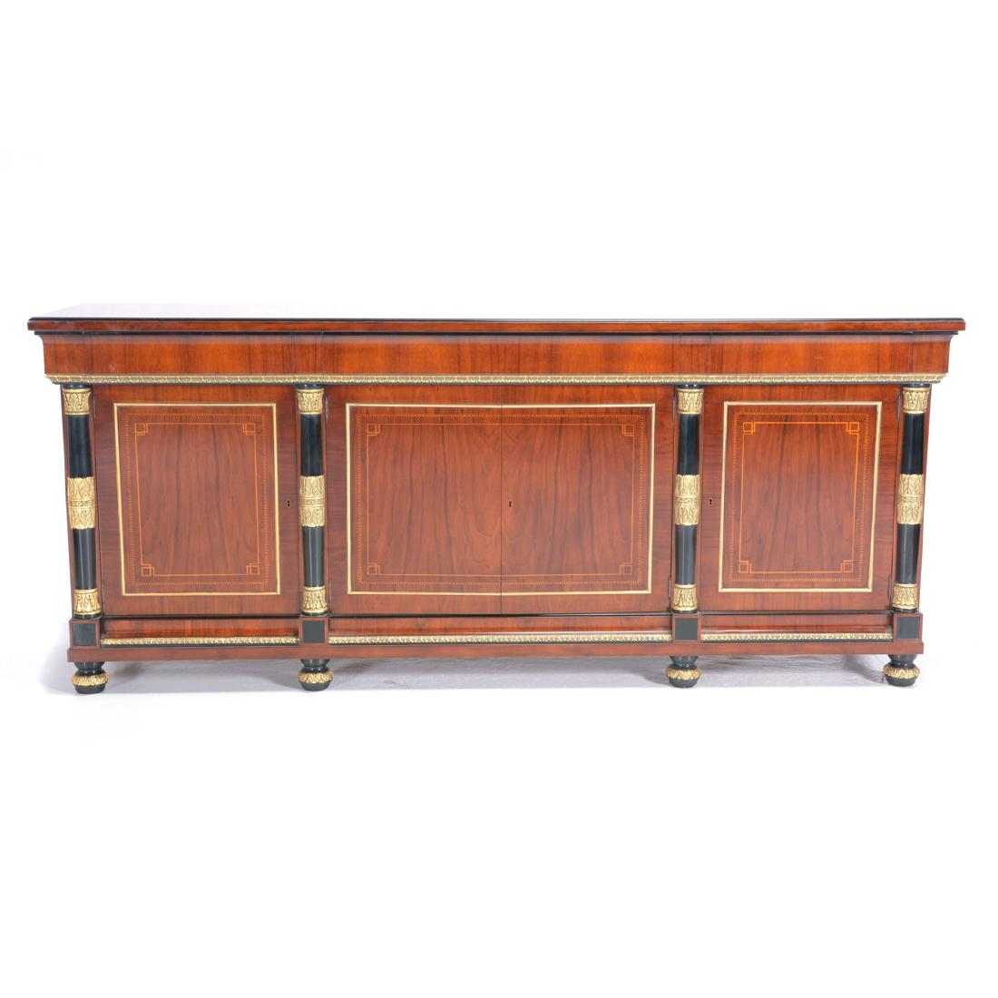 Louis XVI Style Spanish Made Mahogany Sideboard with: Louis XVI Style Spanish Made Mahogany Sideboard with Gilt Ebonized Stiles and Chevron Inlay Label on back for Meubles Contemp, Made in Spain {Dimensions 36 x 85 x 21 1/4 inches} [chip to veneer on edg