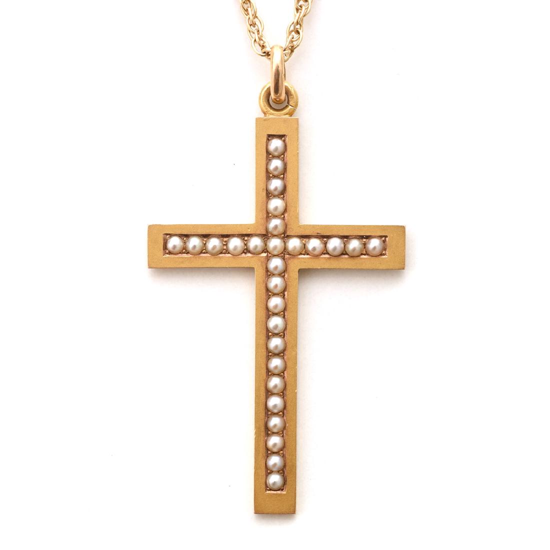 Seed Pearl, 14k Yellow Gold Cross Pendant Necklace. (1 of 5)