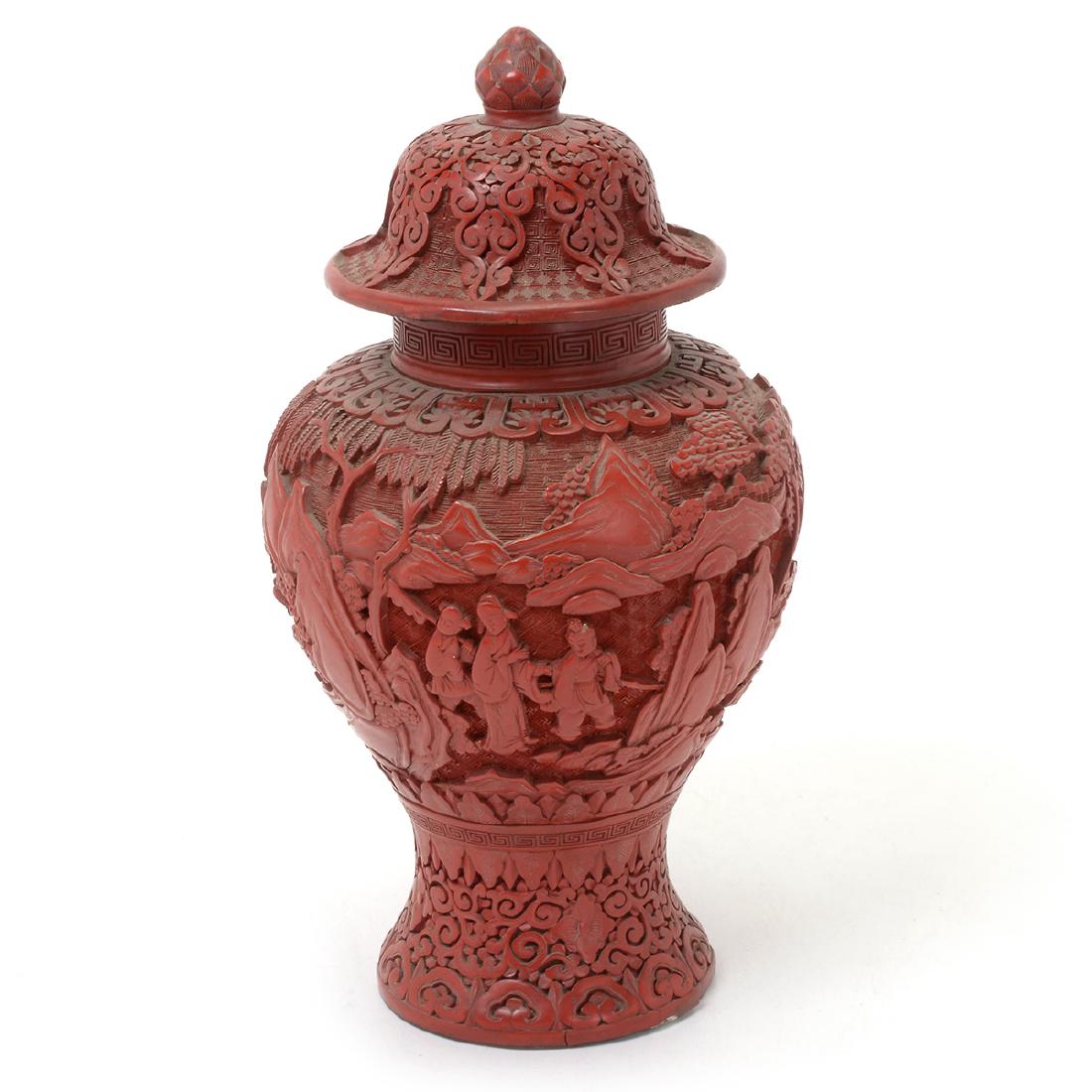 Cinnabar Lacquer Vase & Cover, Late 19th/Early 20th C (1 of 8)