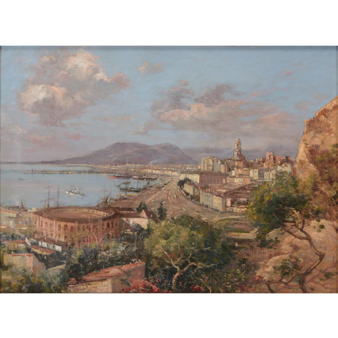 Maurice Levis "Malaga" oil on canvas: MAURICE LEVIS (French 1860-1940) "Malaga" Oil on canvas. 24 x 32 inches; Frame: 29 3/4 x 37 3/4 inches. Signed, dated and titled lower left corner: Maurice Levis / 1903 / Malaga. CONDITION: In overall