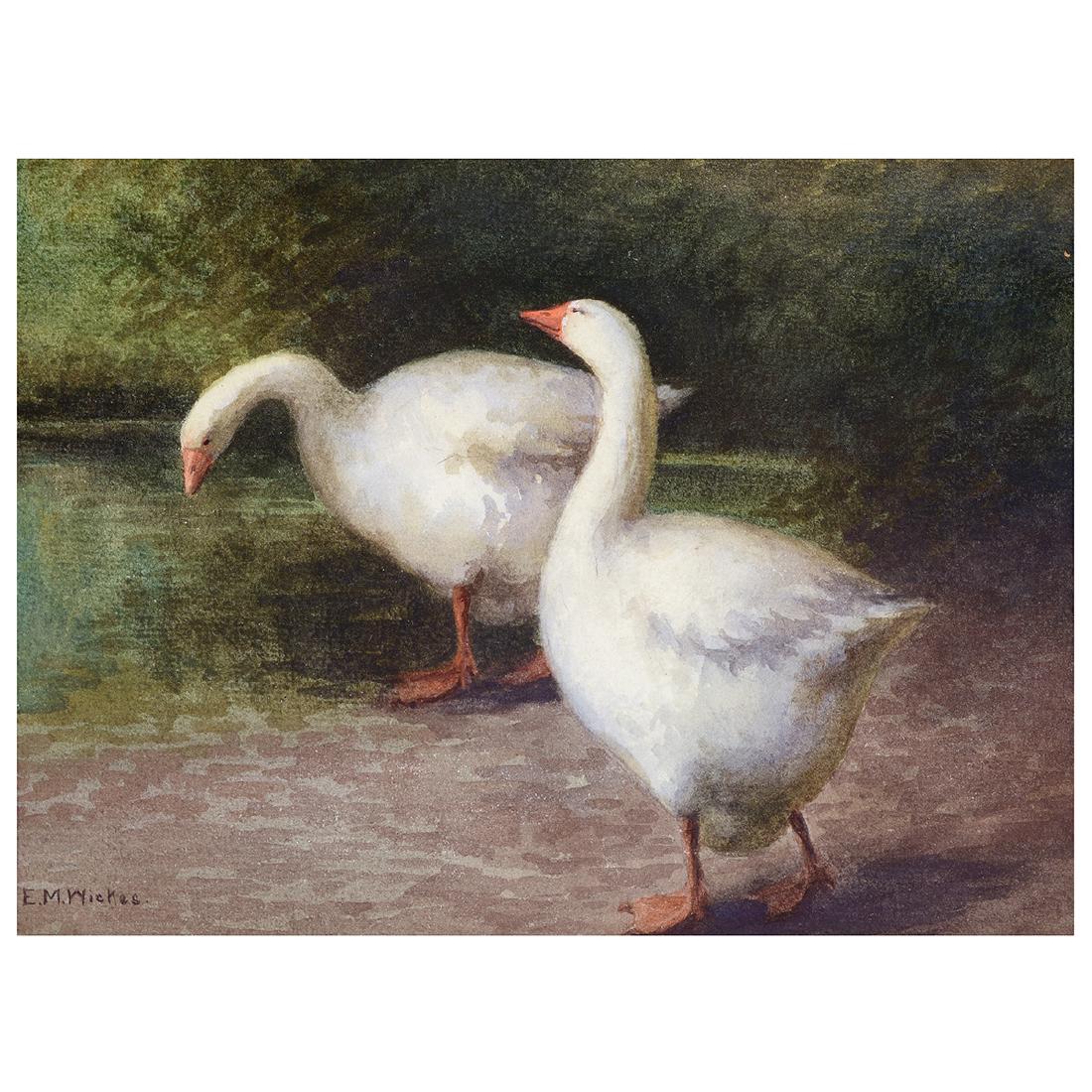 Ethel Marian Wickes "Two Geese by a Pond" watercolor (1 of 5)