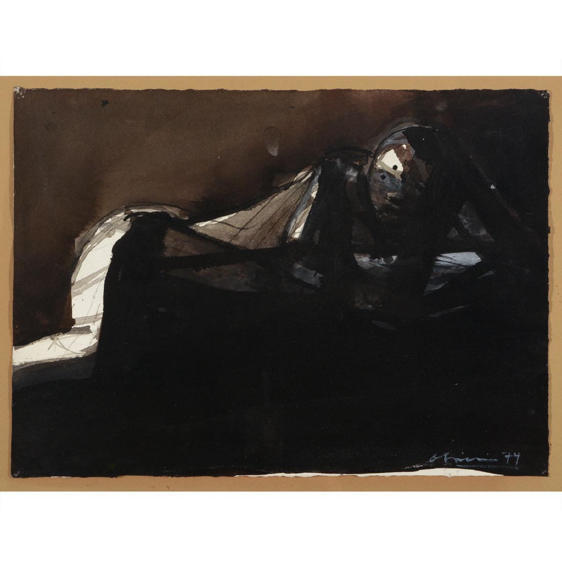 Nathan Oliveira "Untitled-Black Nude" mixed media on: NATHAN OLIVEIRA (Californian 1928-2010) "Untitled-Black Nude" Mixed media on paper. Sheet: 11 x 14 3/4 inches; Frame: 24 3/4 x 23 5/8 inches. Signed and dated lower right: Oliveira (19)74. Gallery lab