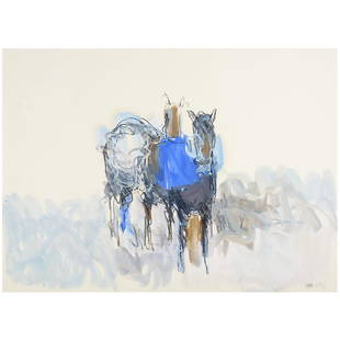 Theodore Waddell "Two Horses" oil pastel and oil wash: THEODORE WADDELL (American born 1941) "Two Horses" Oil pastel and oil wash on rives paper. Sheet: 19 x 26 1/4 inches. Signed and dated lower right: T Waddell '85. (Condition: Sheet is floating in the