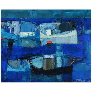 Raimonds Staprans "Harbor in Blue" oil on canvas: RAIMONDS STAPRANS (Californian b. 1926) "Harbor in Blue" Oil on canvas. 28 x 34 inches. Signed and dated lower right: Staprans 63. Provenance: Maxwell Galleries Label verso. (Condition: Areas of light