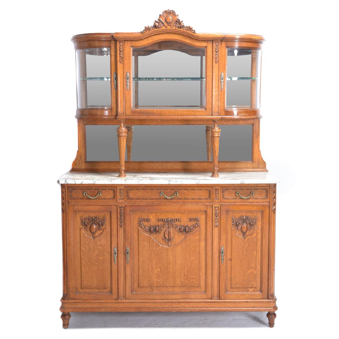 Louis XVI Style Oak and Marble Buffet a Deux Corps,: Louis XVI Style Marble and Oak Buffet a Deux Corps, Late 19th Century {Dimensions 84 3/4 x 59 x 22 inches} [key]