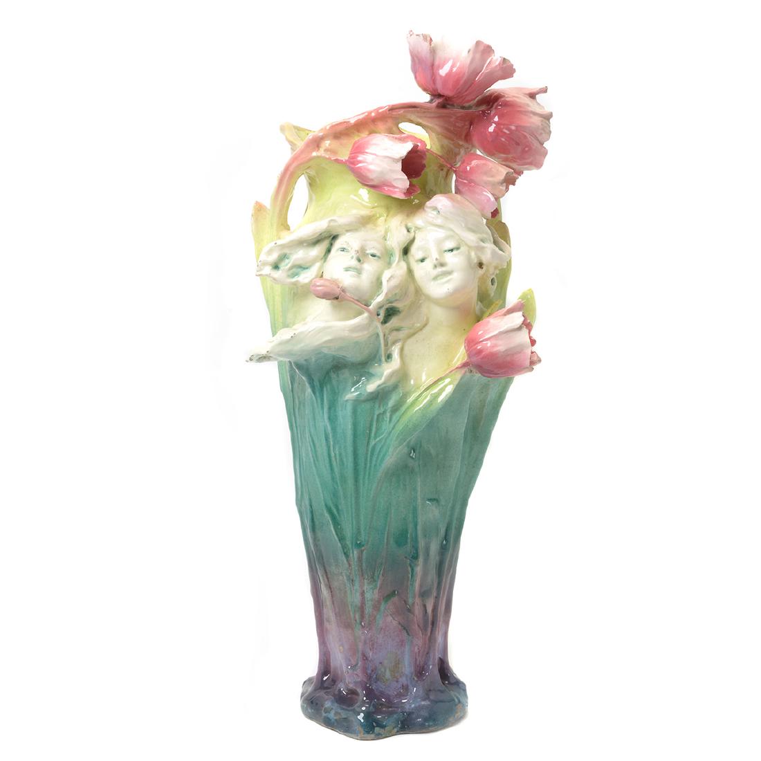 Art Nouveau Earthenware Vase with Female Faces and: Art Nouveau Earthenware Vase with Female Faces and Tulips, Probably Austrian {Height 25 inches, width 12 inches.} [With repairs]